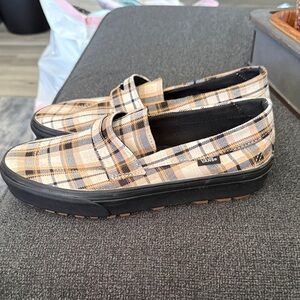 Vans Men’s Beige and Black Plaid Slip-On Loafers